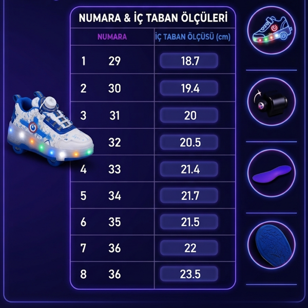 Patenli ayakkabı çocuk beden tablosu 29-36 numara