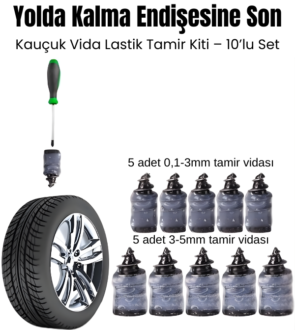 Profesyonel Lastik Tamir Vidası Seti (10'lu) - Taşınabilir Acil Yol Yardım Kiti